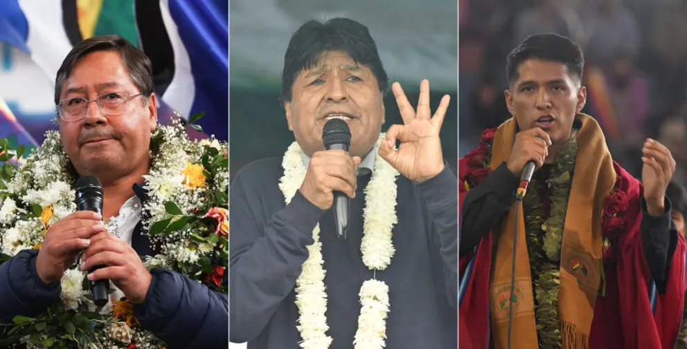 Luis Arce, el exmandatario Evo Morales, y al presidente del Senado, Andrónico Rodríguez. Foto: EFE