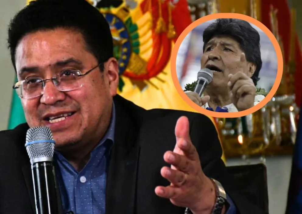 Siles en contacto con la prensa, este martes, y Evo Morales. Fotos: APG 