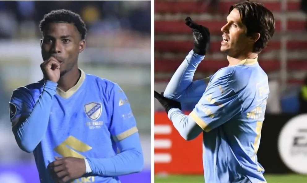 Romero (izq.) y Rodríguez celebran sus goles a Cerro Porteño. Fotos: APG y Agencia Marka Registrada.