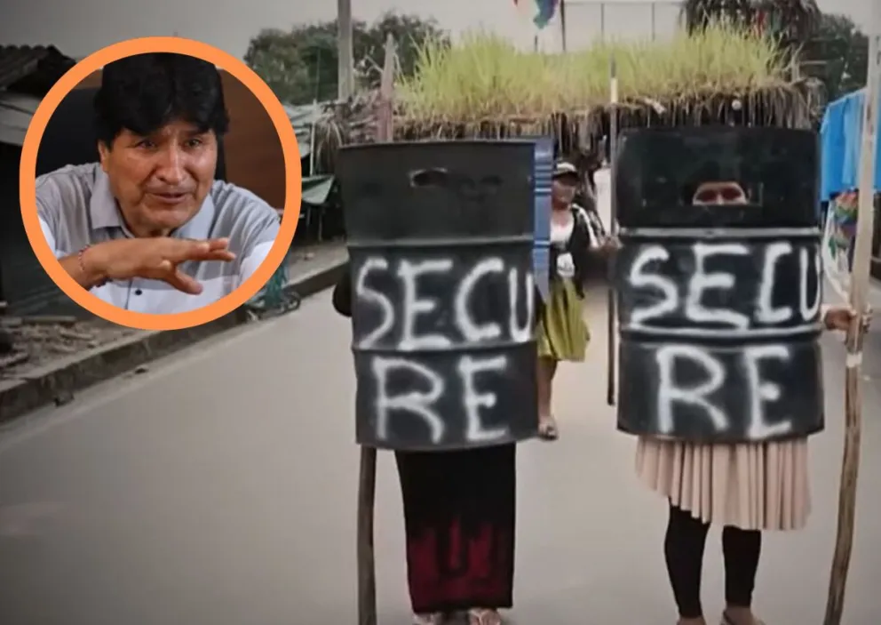 Cocaleros con lanzas y escudos protegen a Evo Morales. Foto: Captura de video