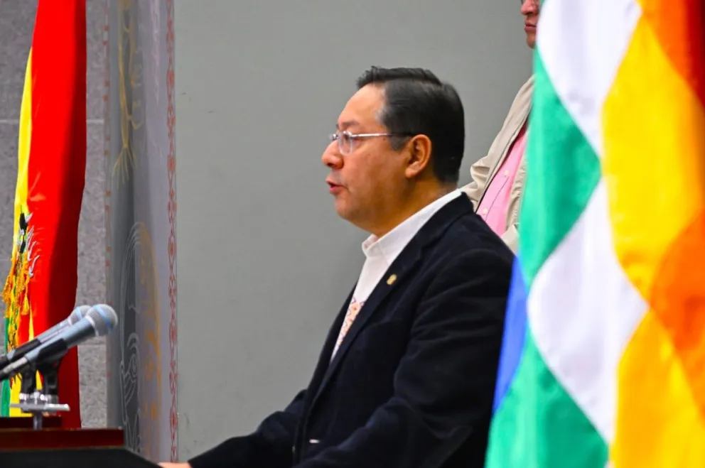 El presidente, Luis Arce, durante una conferencia de prensa. Foto: Luis Arce. 