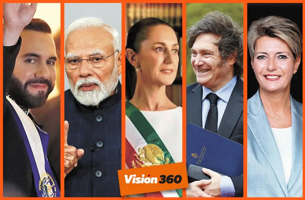 Bukele, Modi, Sheinbaum, Milei y Keller-Sutter. Fotos: EFE, presidencia de México, efd.admin.ch y RRSS 