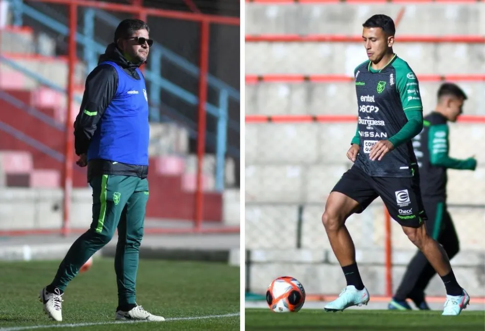 Óscar Villegas (izq.), el técnico de la Verde, y Roberto Carlos Fernández en la práctica del domingo en el estadio Municpal. Foto: FBF