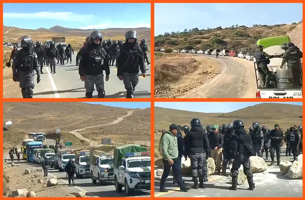 Policías arriban este miércoles a la población de Llallagua. Capturas de foto: Unitel. Montaje: Visión 360