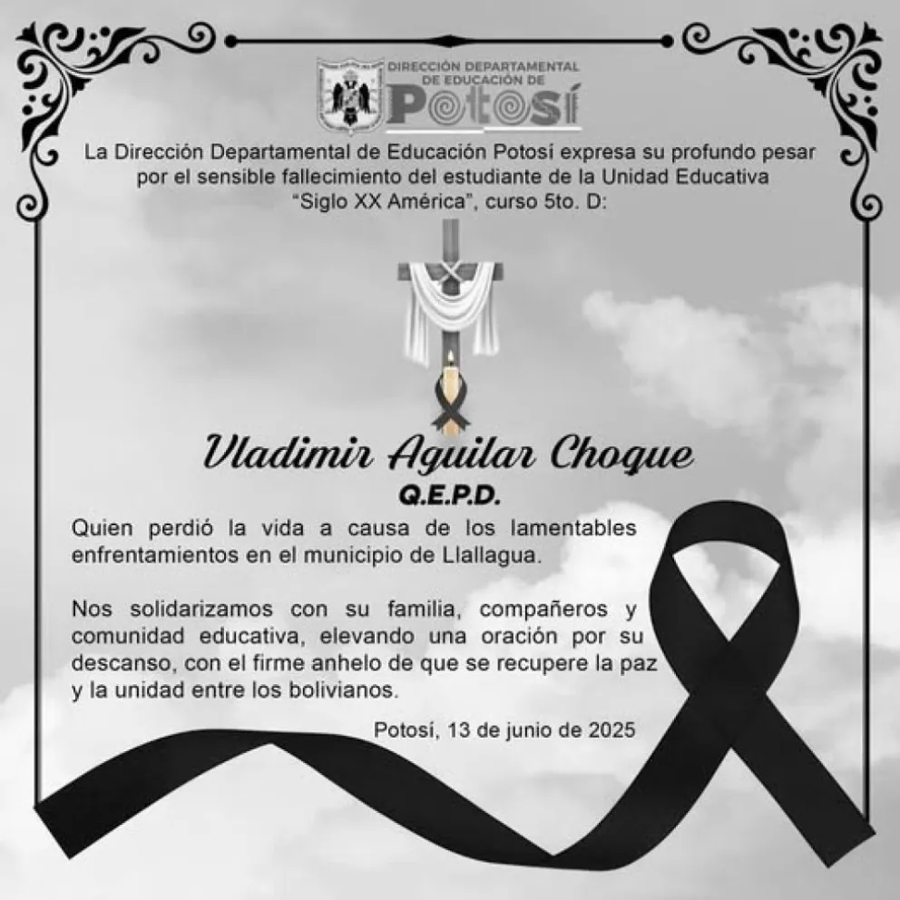 El necrológico publicado por los familiares y la unidad educativa. Foto: Captura