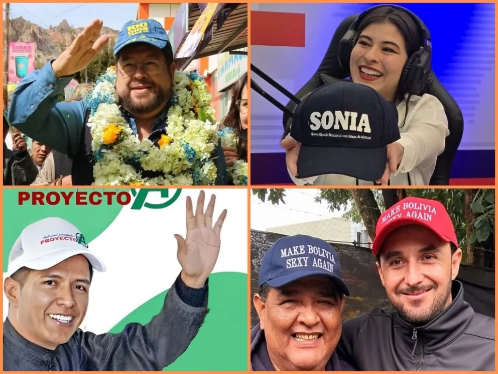 Gorras con diferentes frases son el accesorio elegido por los candidatos en las elecciones 2025. Foto. Redes Sociales