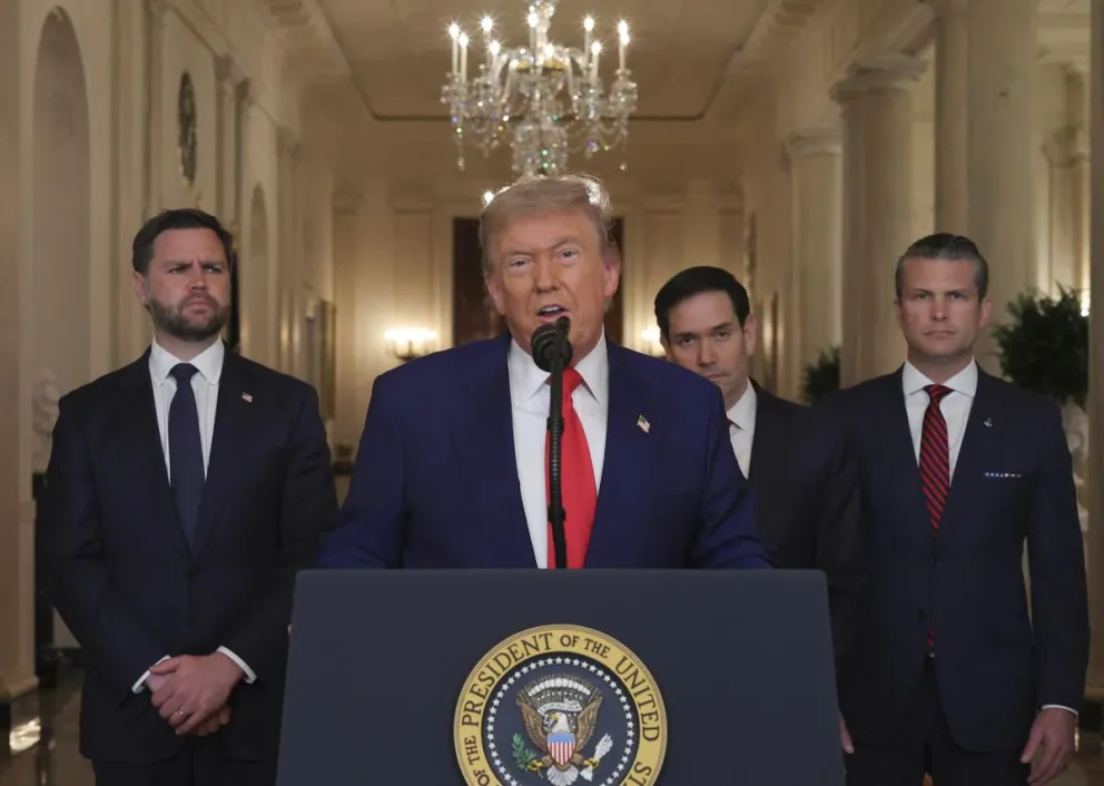 El presidente de Estados Unidos, Donald Trump, pronuncia un discurso a la nación, este sábado, 21 de junio, en la Casa Blanca, en Washington DC (EEUU). Foto: EFE