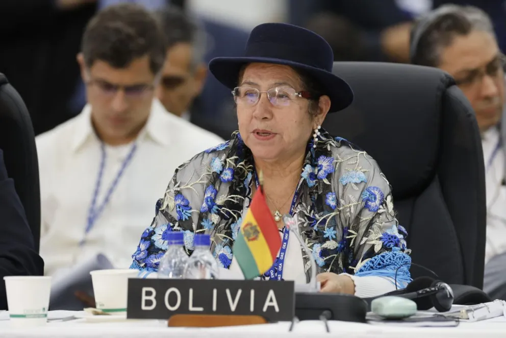 La canciller Celinda Sosa durante la primera sesión plenaria de la 55ª Asamblea General de la OEA. Foto: EFE