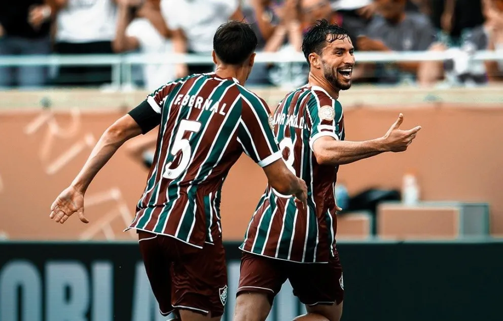 Matheus Martinelli (der.) inicia el festejo después de anotar el primer gol de Fluminense. Foto: club Fluminense
