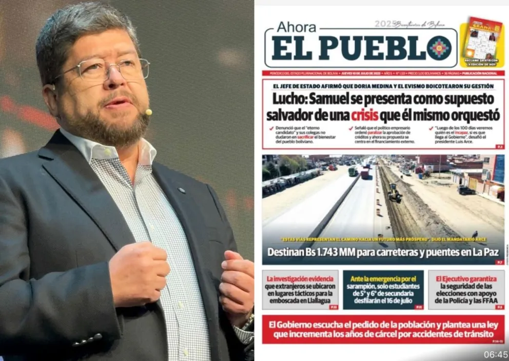 Doria Medina y la portada del periódico Ahora el Pueblo. Fotos: RRSS del político 