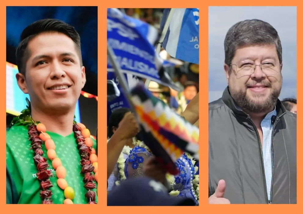 Rodríguez, banderas del MAS y Doria Medina. Fotos: RRSS del senador, APG y RRSS de líder de Unidad