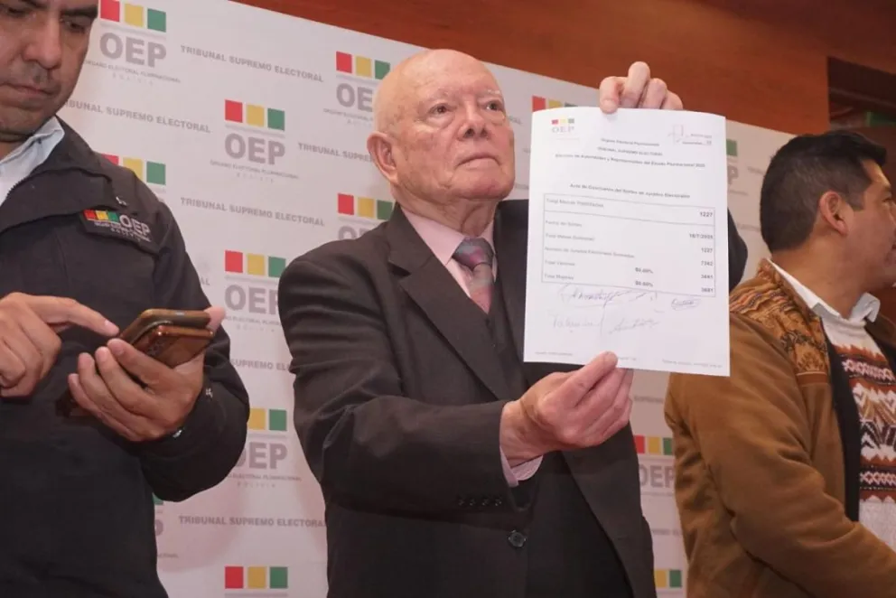 El presidente del TSE, Oscar Hassenteufel, muestra el acta de jurados en el exterior. Foto: APG