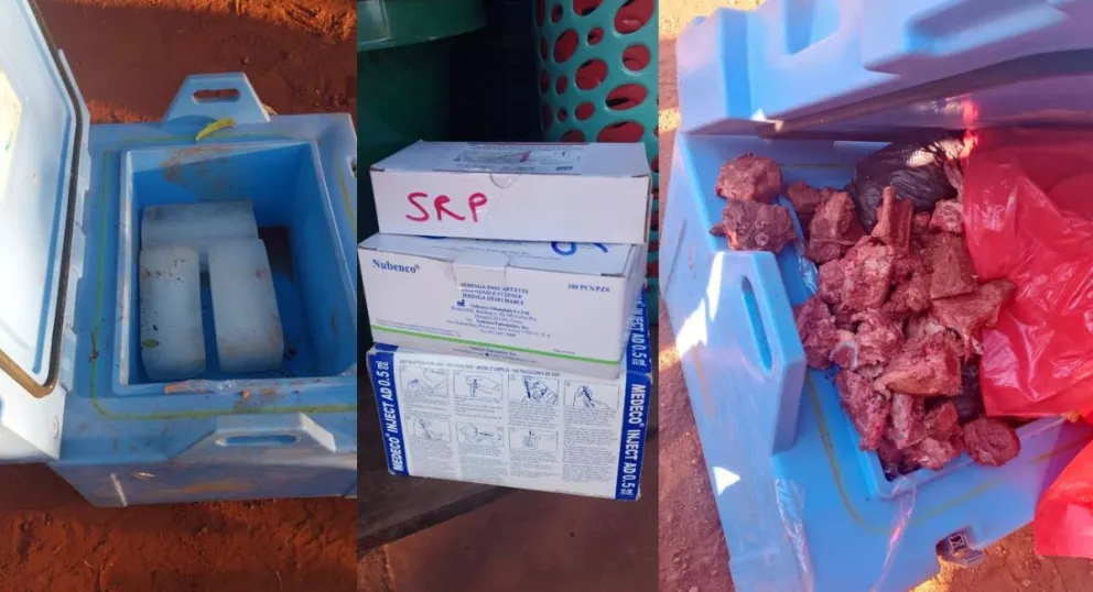 Las vacunas y la carne que los trabajadores decidieron trasladar. Foto: Ministerio de Salud