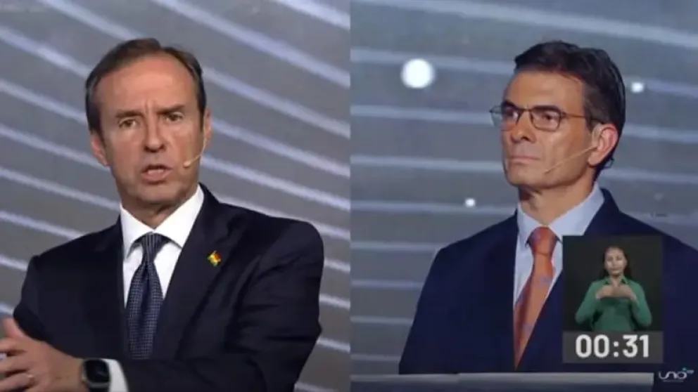 En el debate presidencial, Tuto Quiroga y Rodrigo Paz. FOTO: Visión 360