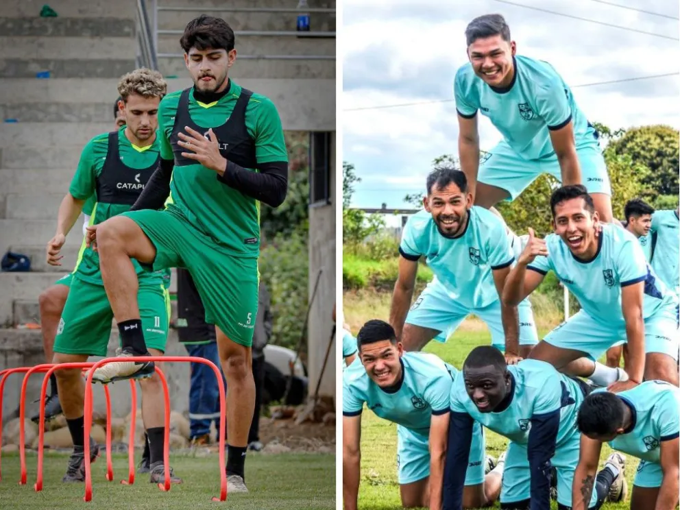 Jugadores de San Antonio (izq.) y de ABB en el cierre de sus entrenamientos del viernes. Foto: clubes San Antonio y ABB