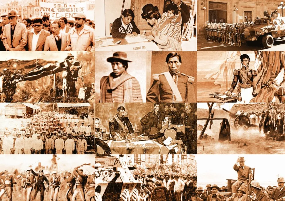 Mosaico con los hitos sociales históricos de Bolivia. Imagen: Historia de Bolivia, la Patria, Composición: Visión 360