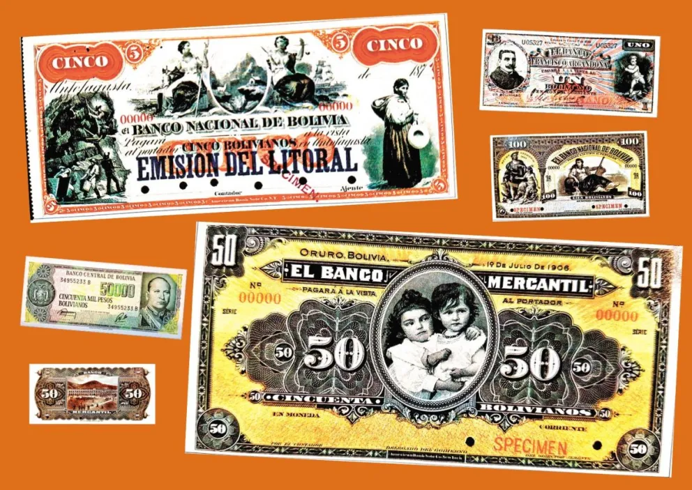 Imágenes de cortes emitidos en bancos privados. Fotos: “Monedas, medallas y billetes” del BCB 