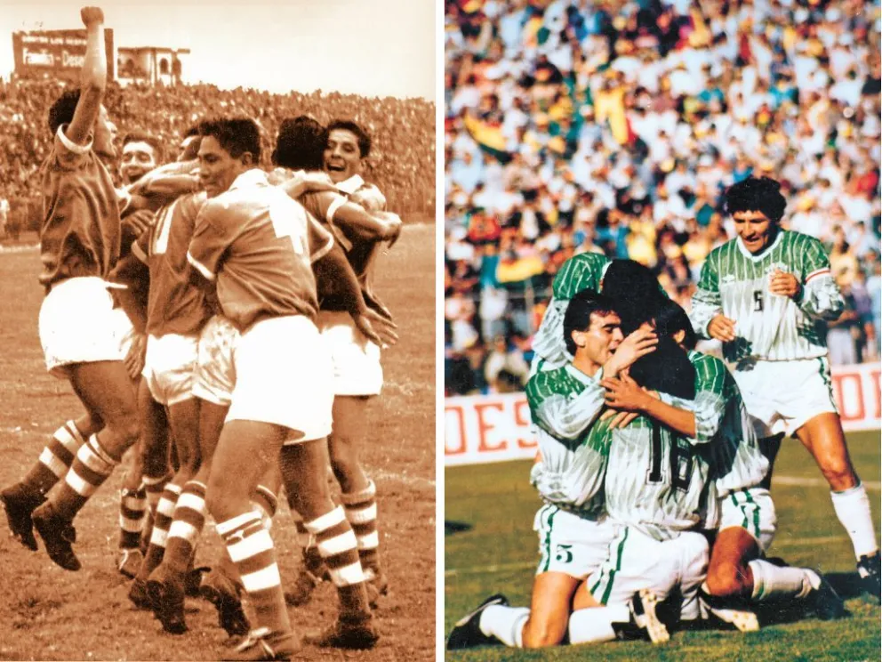 Los festejos de los jugadores bolivianos de 1963 (izq.) y de 1993. Foto: Historia del Fútbol Boliviano