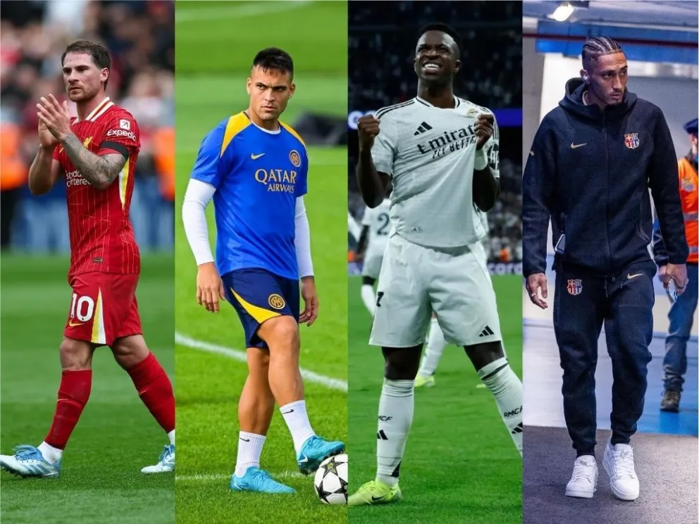 Alexis Mac Allister (izq.), del Liverpool; Lautaro Martínez, del Inter; Vinicius Junior, del Real Madrid; y Raphinha, del Barceelona.