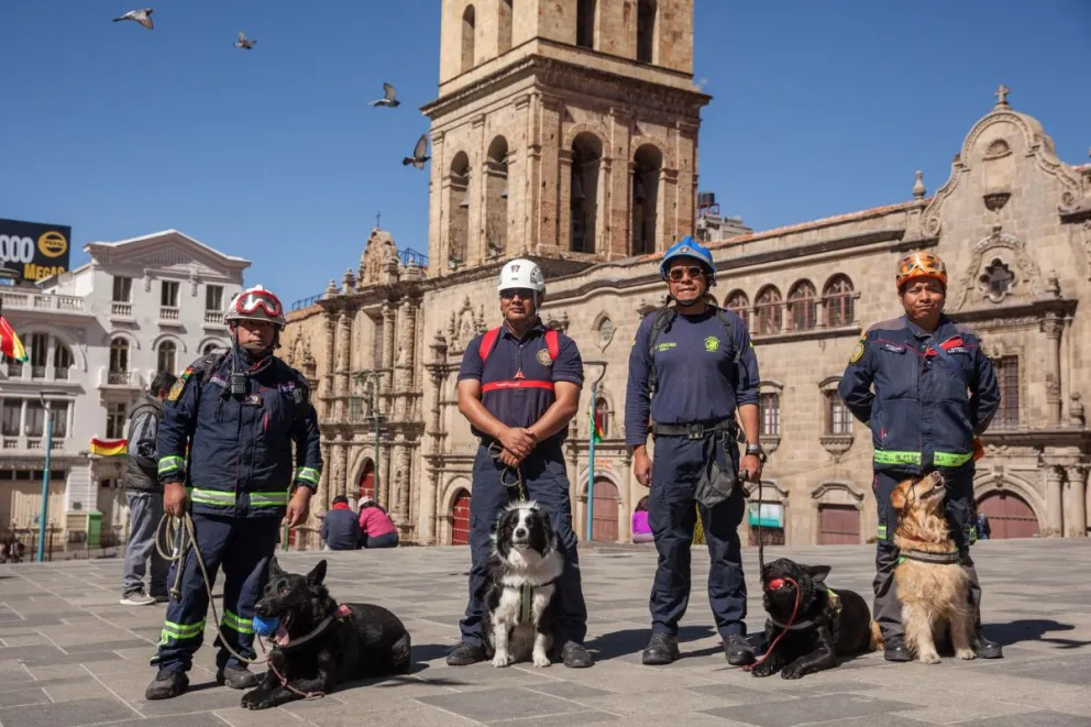 Integrantes de la Segunda Compañía de Bomberos Santa Bárbara fueron captados este jueves, 7 de agosto, al posar junto a perros entrenados en búsqueda y rescate de humanos bajo escombros, en La Paz. Foto:EFE
