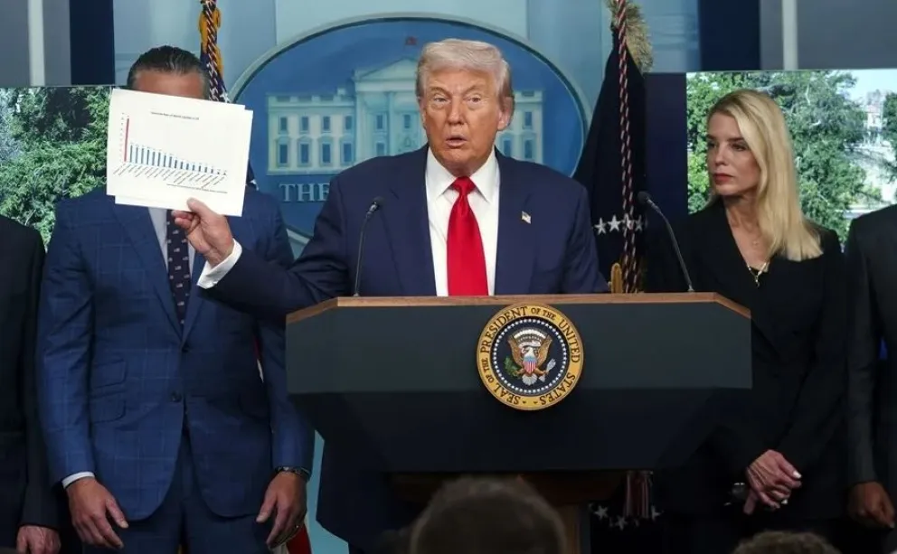 Trump muestra indicadores de criminalidad en Washington, este 11 de agosto de 2025, en la Casa Blanca. Foto: EFE