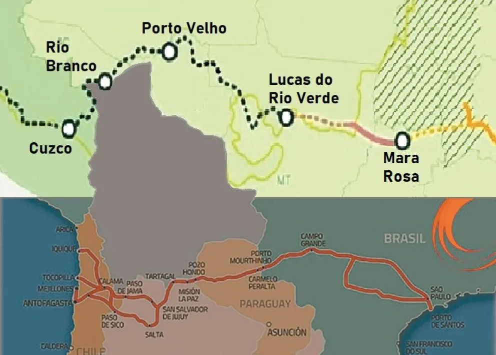 Los mapas que proyectan el paso de los corredores por encima y debajo de Bolivia. Foto: Composición con mapas de Gustavo Aliaga