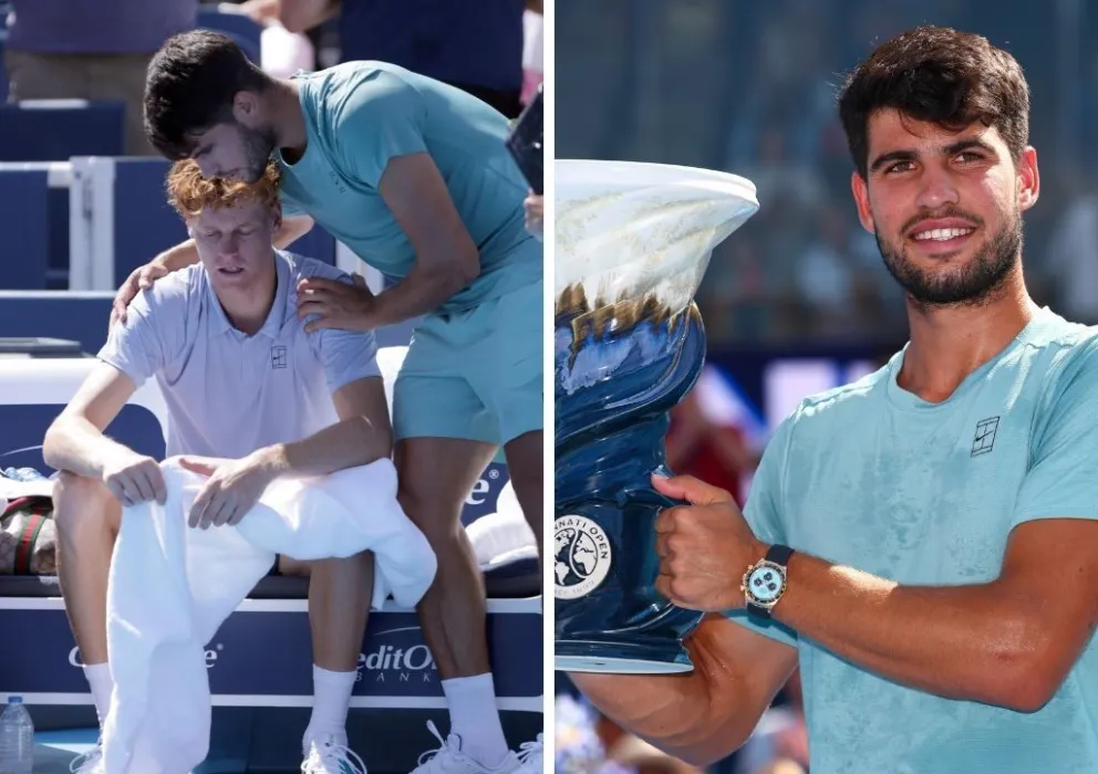 Alcaraz consuela a Sinner después de que el italiano se retiró de la final. A la derecha, el español posa con el trofeo. Fotos: EFE y Abierto de Cincinnati