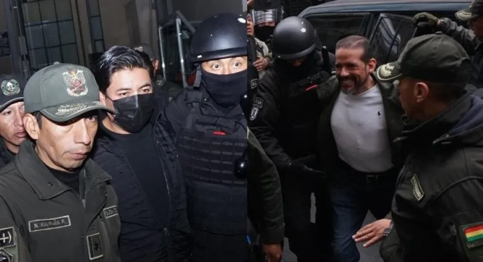 Marco Antonio Pumari y Luis Fernando Camacho fueron trasladados este martes a su audiencia en un tribunal de La Paz. Fotos: APG