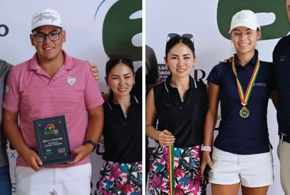 Quiroga (izq.) y Suárez, con sus trofeos de ganadores en Juvenil. Fotos: Federación Boliviana de Golf.