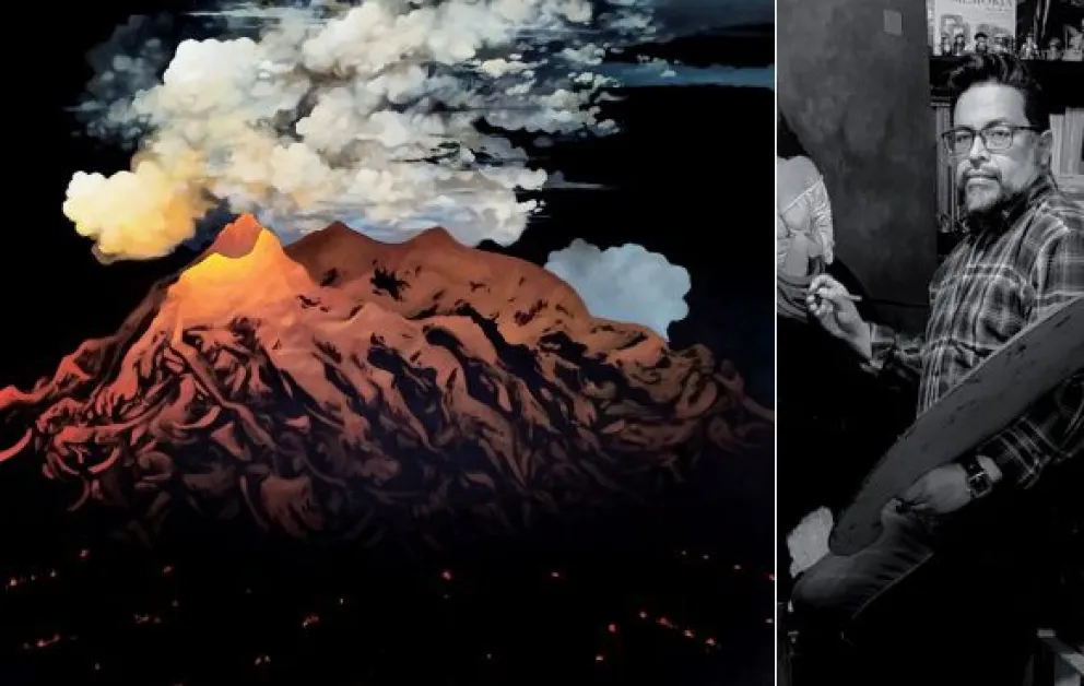 Pablo Giovany junto a su obra "La ciudad del Bicentenario". Acrílico sobre lienzo120 x 120 cm