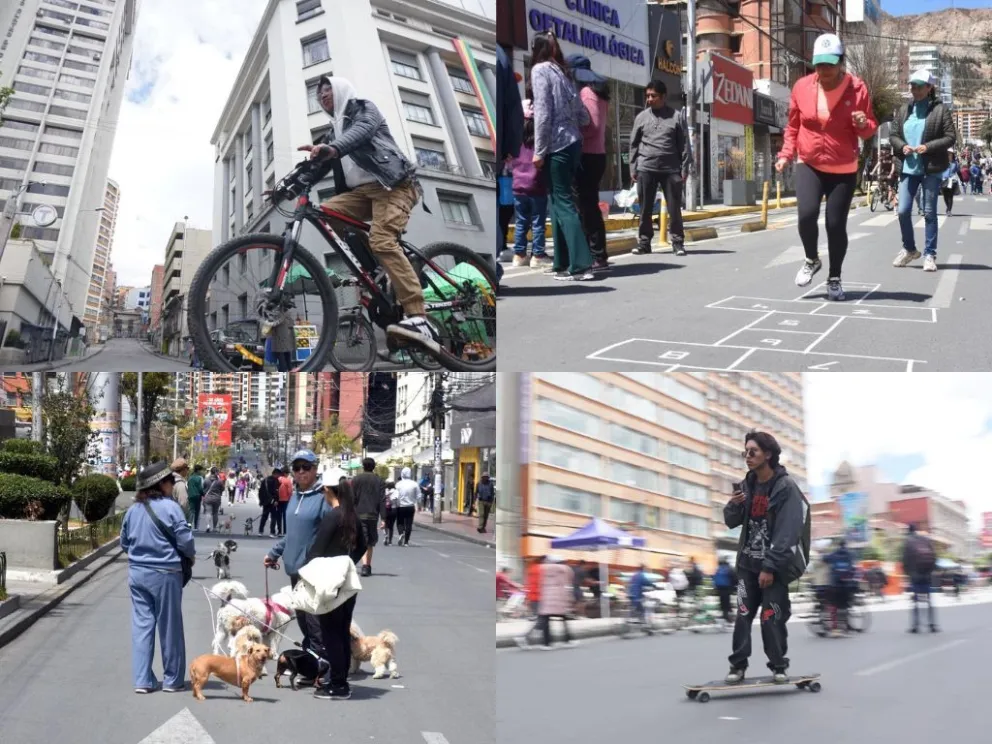 La gente y las familias disfrutaron del Día del Peatón. Fotos: GAMLP y APG. Montaje: Visión 360