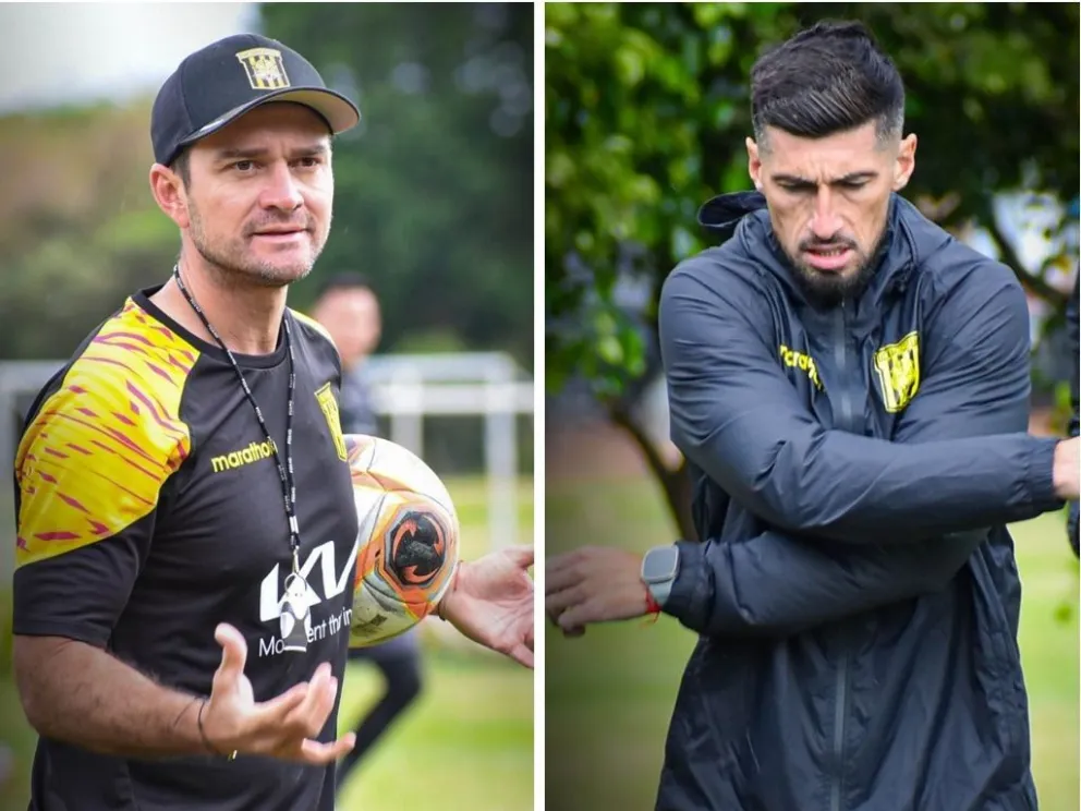 Joaquín Monasterio (izq.) y Joel Amoroso durante el entrenamiento del Tigre en el predio de la Academia Tahuichi. Fotos: club The Strongest