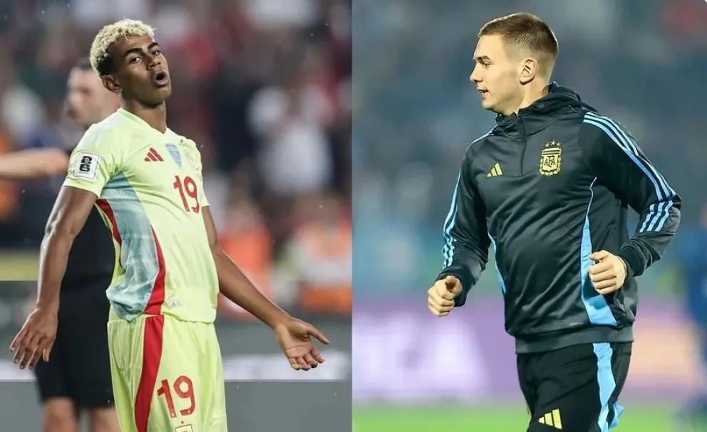 Yamal (izq.) y Mastantuono con sus selecciones. Fotos: EFE.
