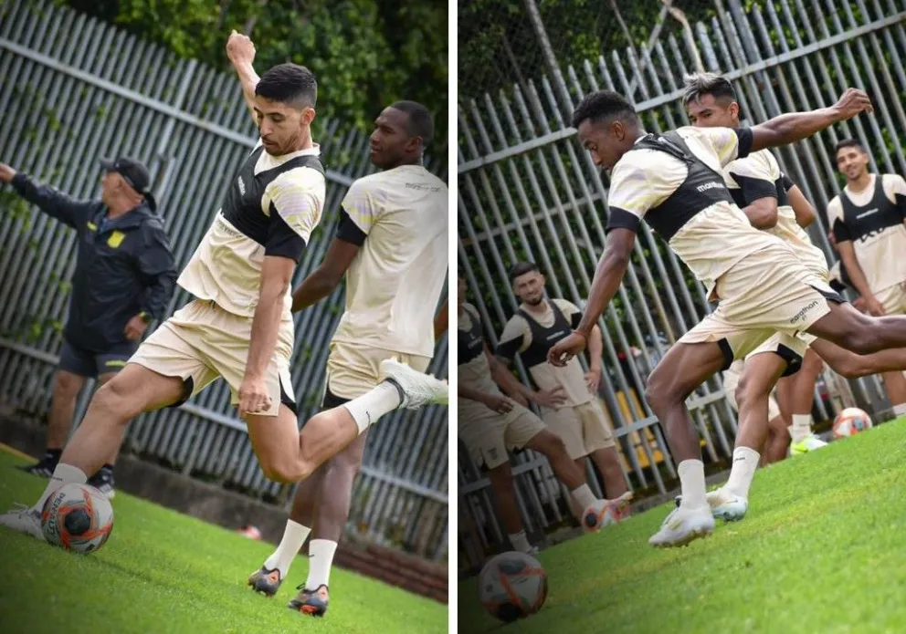 Imágenes del último entrenamiento del Tigre en Santa Cruz. Chiatti (izq.) y Arrascaita le pegan a la pelota. Foto: club The Strongest