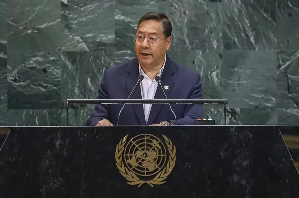 El presidente del Estado, Luis Arce, toma la palabra en la Asamblea General de la ONU . Foto: EFE