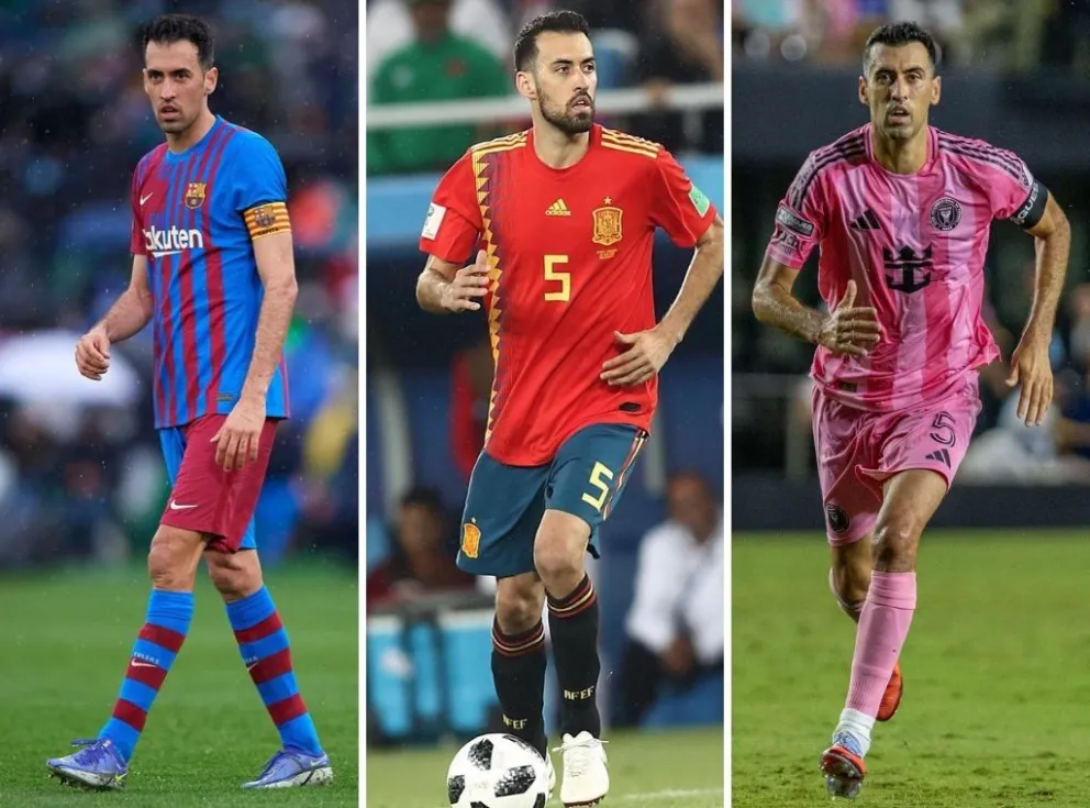 Sergio Busquets con las camisetas del Barcelona, la selección española y el Inter MIami