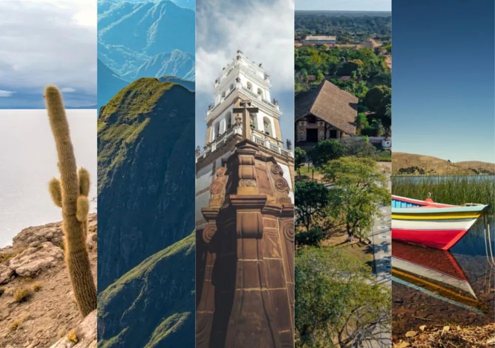Imágenes de cinco destinos turísticos de Bolivia: Salar de Uyuni, Samaipata, Sucre, Misiones Jesuíticas y el lago Titicaca. Fotos: Bolivia te espera 