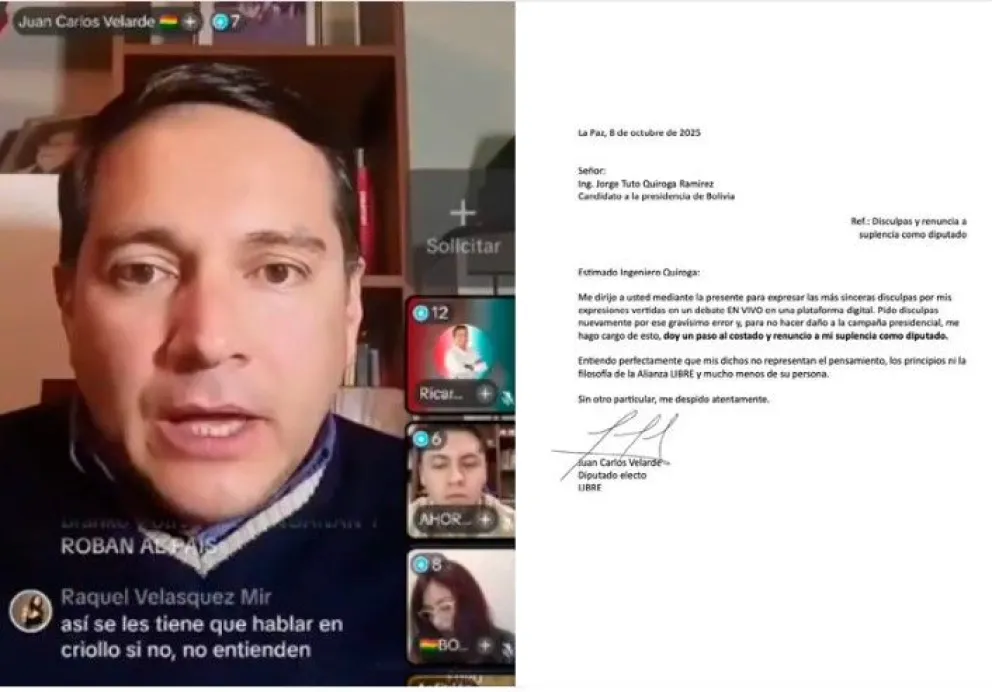 El diputado electo por la alianza Libre, Juan Carlos Velarde, en un foro en TikTok y su carta. Foto: Composición