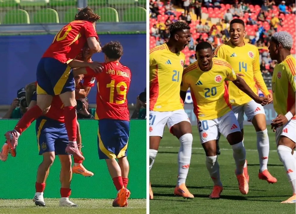 Jugadores de las selecciones de España (izq.) y Colombia celebran su clasificación a los cuartos de final. Fotos: EFE