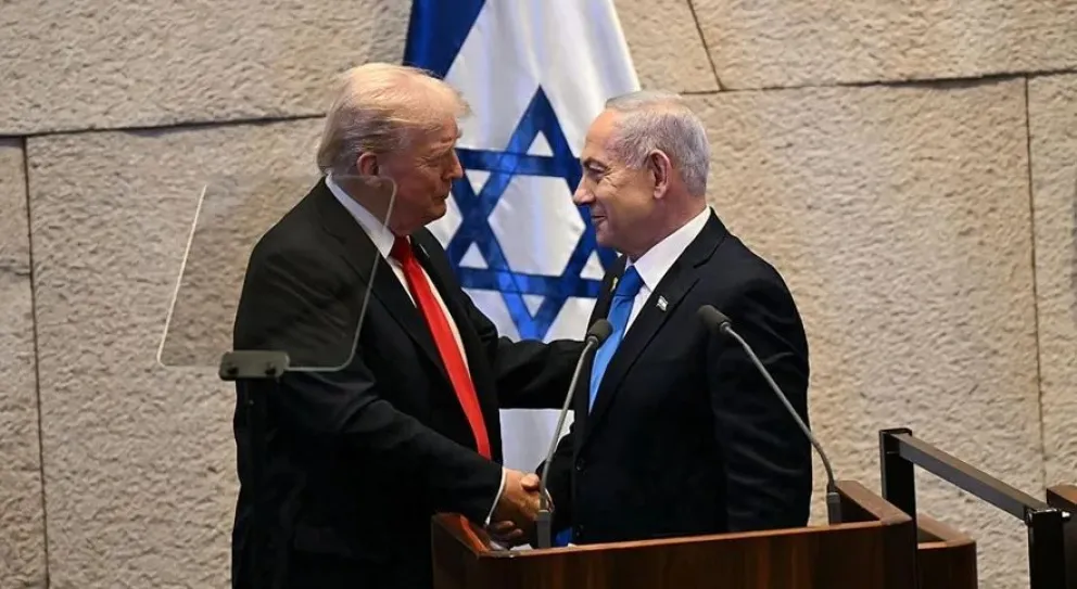 El presidente de Estados Unidos, Donald Trump, y el primer ministro israelí, Benjamín Netanyahu, este lunes en el Parlamento israelí (Knéset) en Jerusalén. Foto: EFE / Oficina del primer ministro israelí