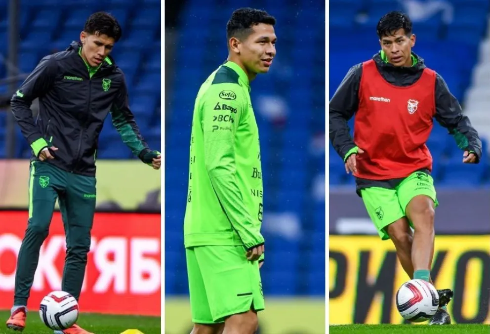 Zabala (izq.), Martines y Vaca en el entrenamiento de este lunes en el VTB Arena. Fotos: La Verde - FBF