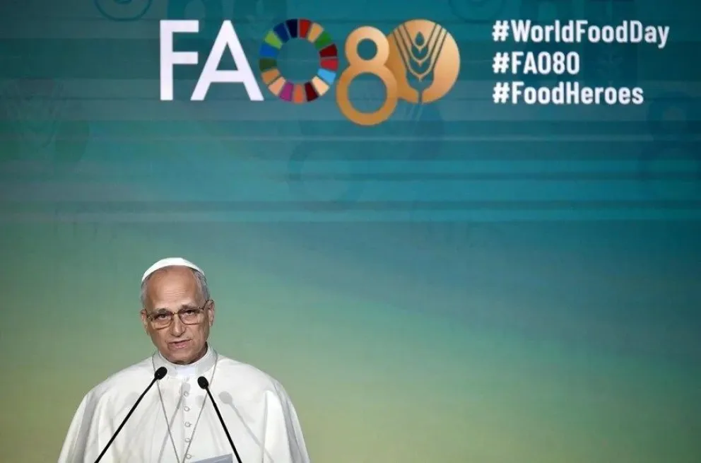 El papa León XIV en su discurso ante la FAO este jueves, 16 de octubre. Foto: EFE/EPA