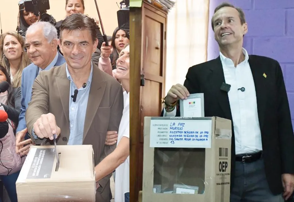 Rodrigo Paz Pereira y Jorge Tuto Quiroga al momento de emitir sus votos este domingo 19 de octubre de 2025. Fuente: APG
