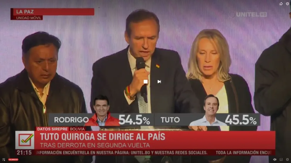 Jorge Tuto Quiroga ofrece su discurso en un hotel del centro de La Paz. Foto: Captura