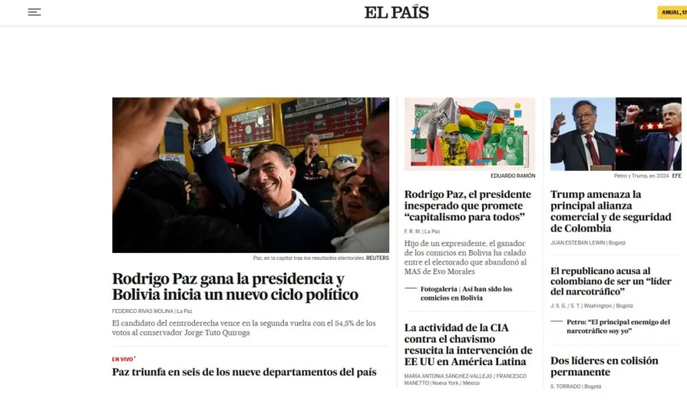 Captura de pantalla del portal de El País. 