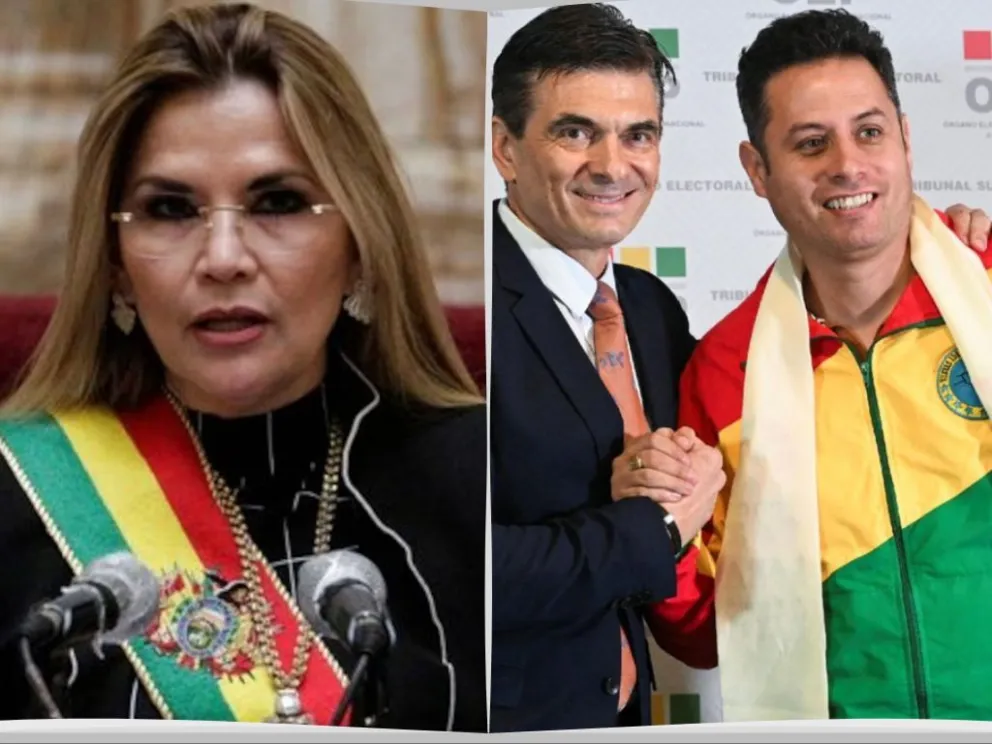 La expresidenta transitoria Jeanine Añez y los candidatos por el PDC, Rodrigo Paz y Edman Lara. Foto: Composición
