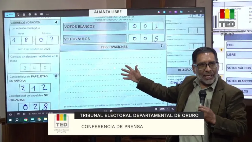 El presidente del TED de Oruro, Iver Pereira, en conferencia de prensa. Foto: ABI 