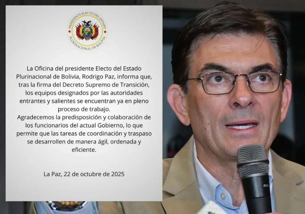 Rodrigo Paz durante una conferencia de prensa que ofreció el lunes y el primer comunicado de esa oficina. Fotos: APG y @Ofiprebo