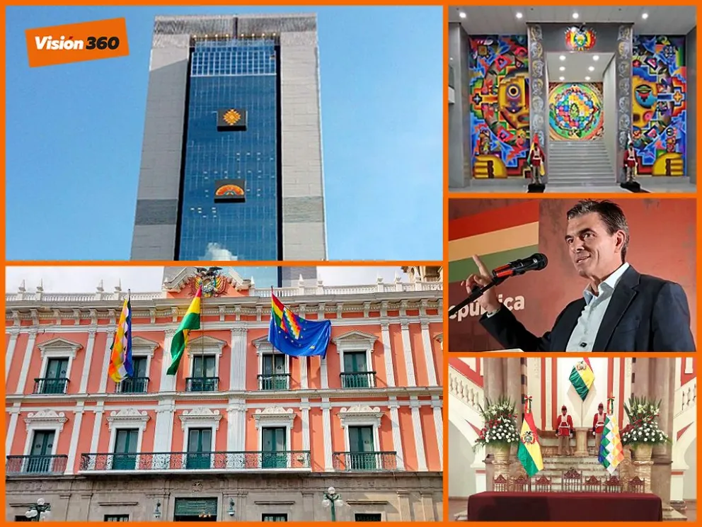 El Palacio de Gobierno, y atrás la Casa Grande del Pueblo. Fotos: Presidencia, RRSS y Prensa Primero la Gente. Montaje: Visión 360 