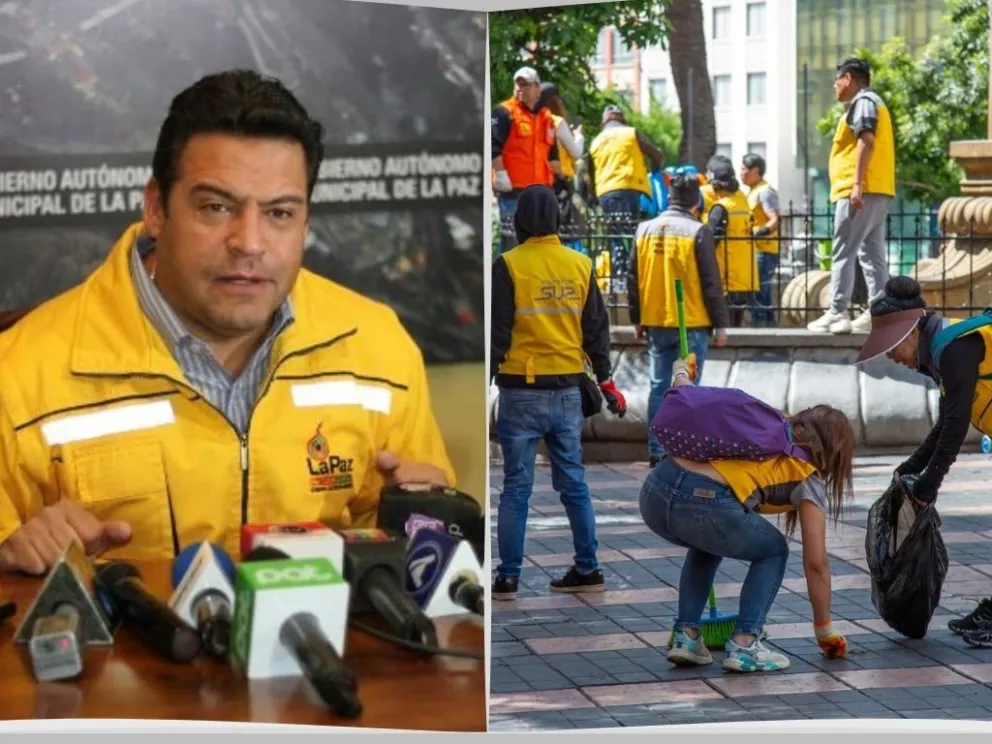 El exalcalde de La Paz, Luis Revilla. y voluntarios de la agrupación Sol.bo en la plaza del Estudiante. Fotos: Sol.Bo